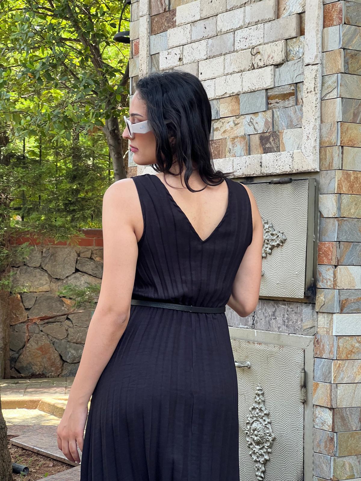 Kemerli Pliseli Elbise 6305 Siyah