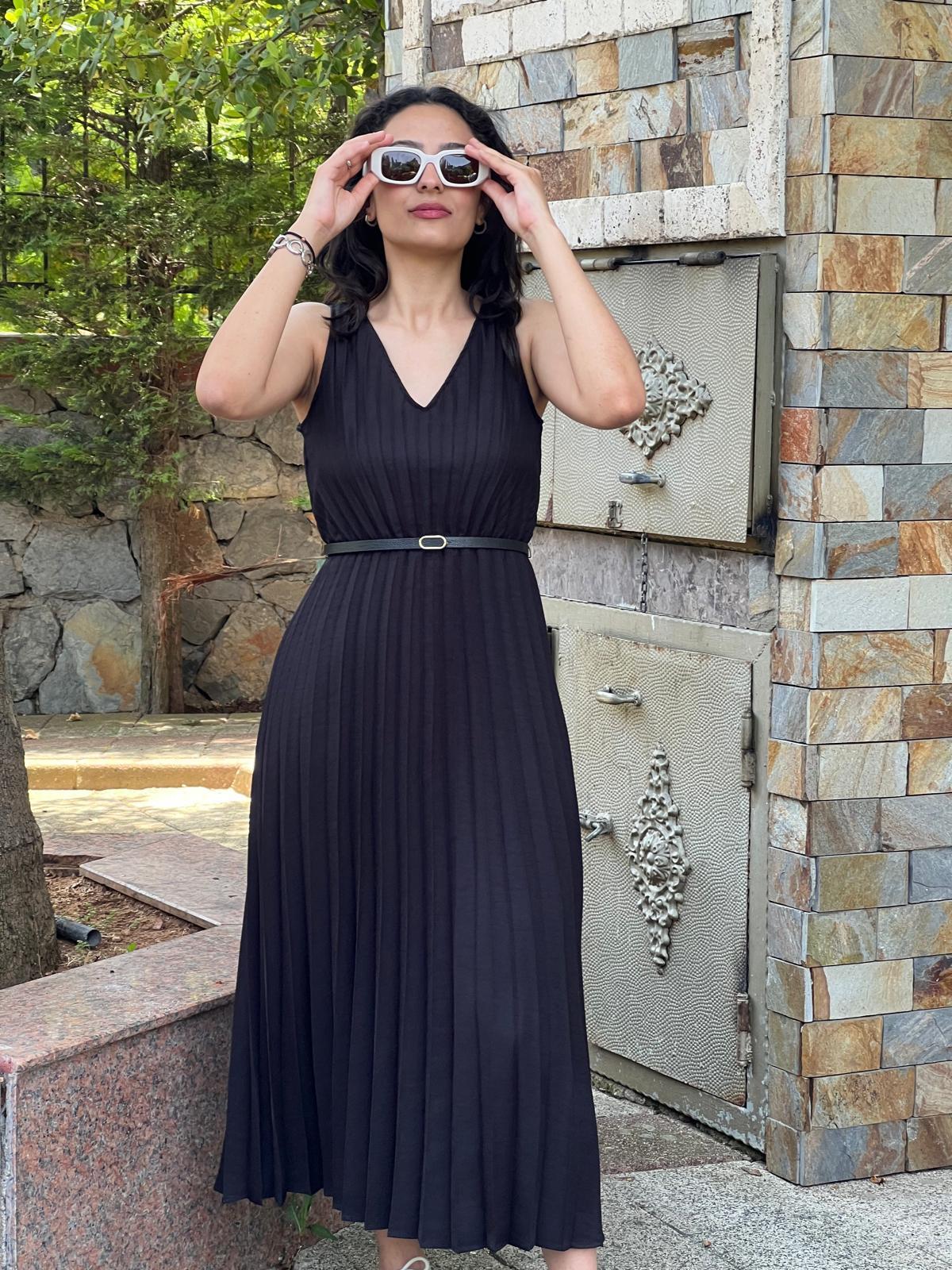 Kemerli Pliseli Elbise 6305 Siyah