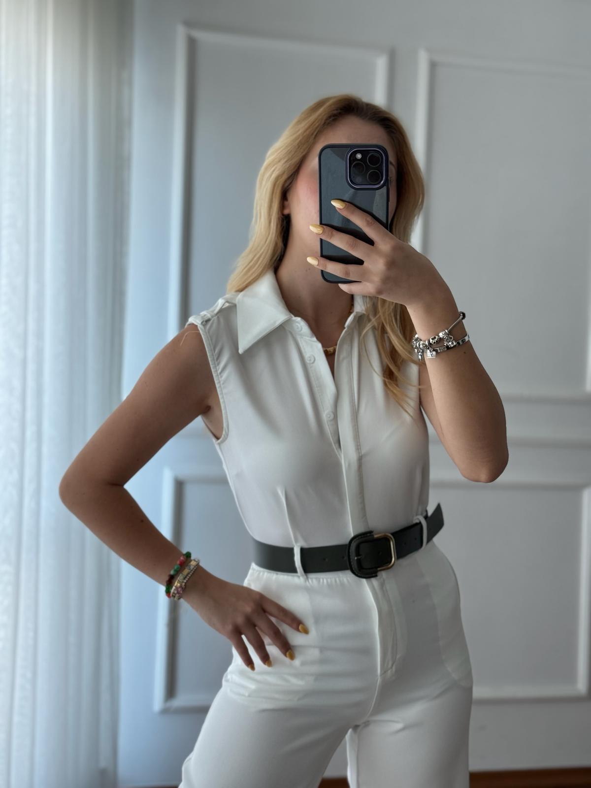 Kemerli Sıfır Kol Tulum 2011 Beyaz