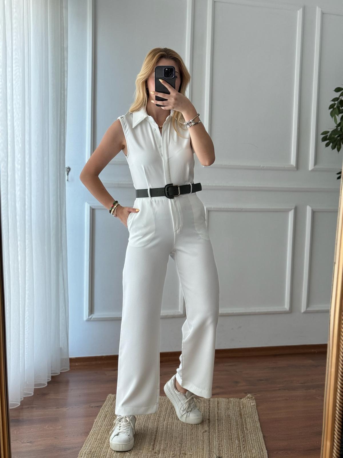 Kemerli Sıfır Kol Tulum 2011 Beyaz