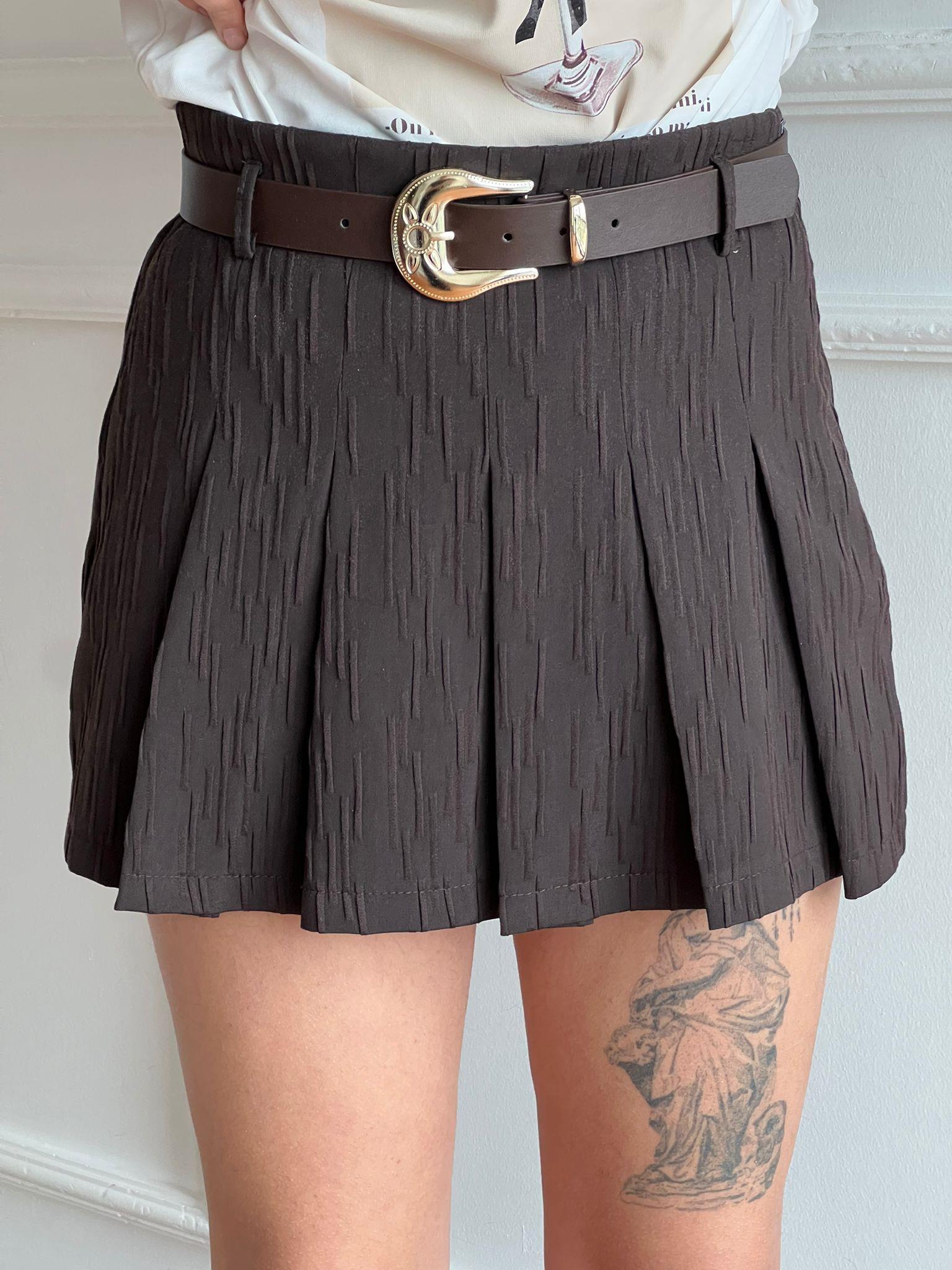 Kemerli Şort Etek 01608 Kahverengi