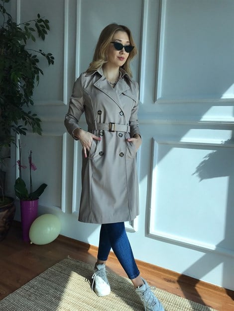 Kemerli Trençkot 8026 Taş