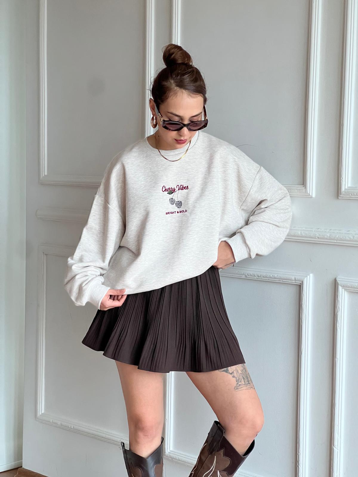 Kiraz Desenli Sweatshirt 01874 Bej