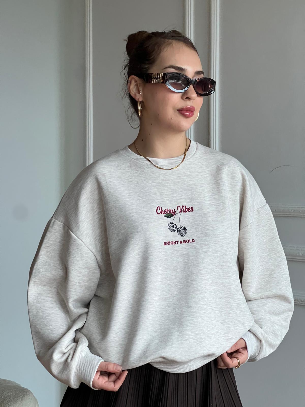 Kiraz Desenli Sweatshirt 01874 Bej