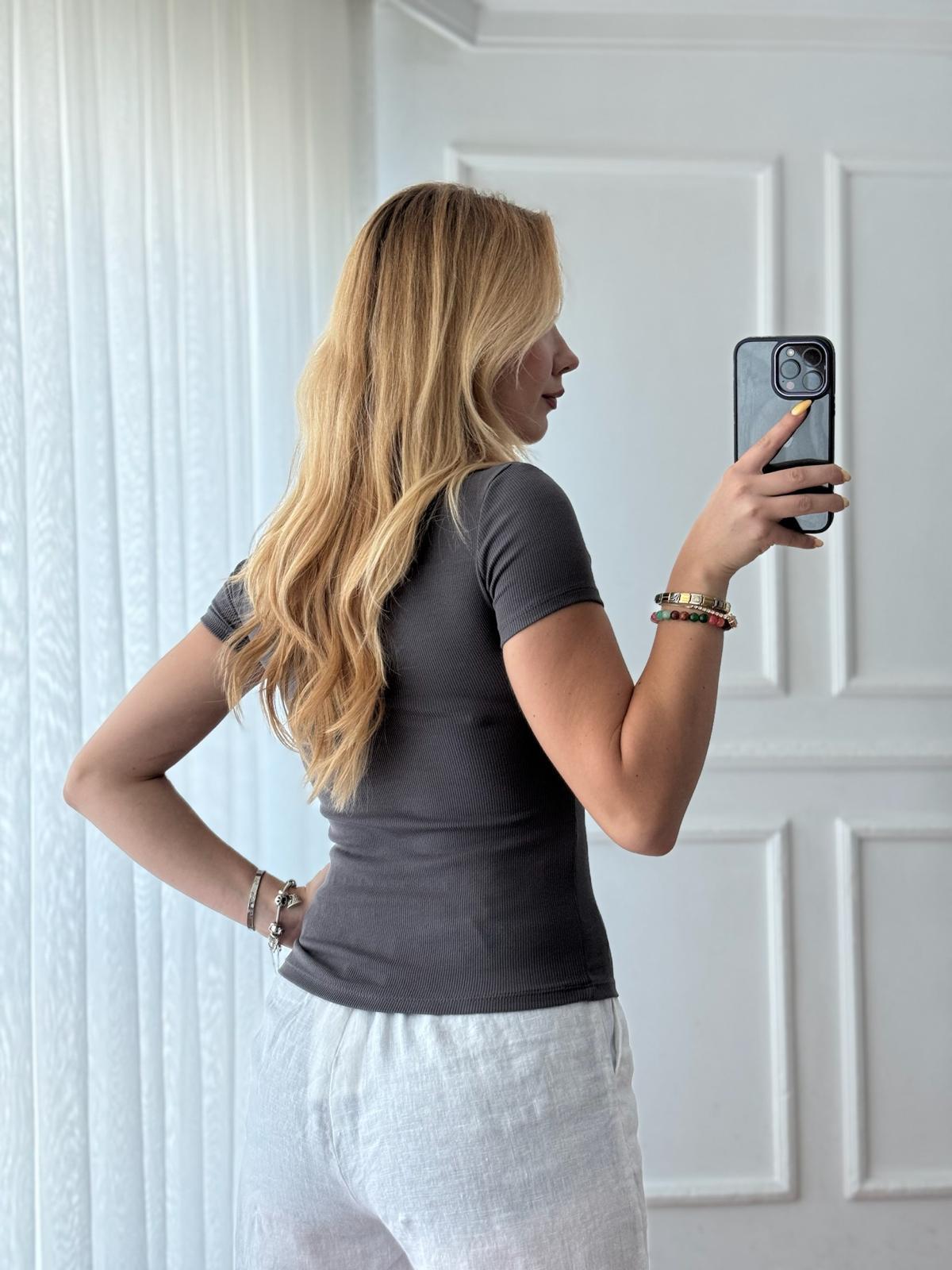 Kısa Kol Damla Yaka Bluz 3692 Antrasit