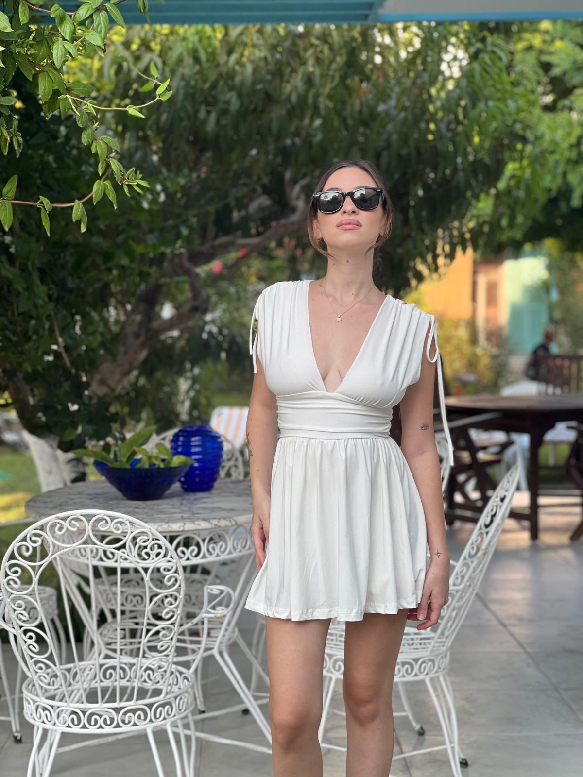 Kolları Büzgülü Şortlu Sendy Elbise 3394 Ekru