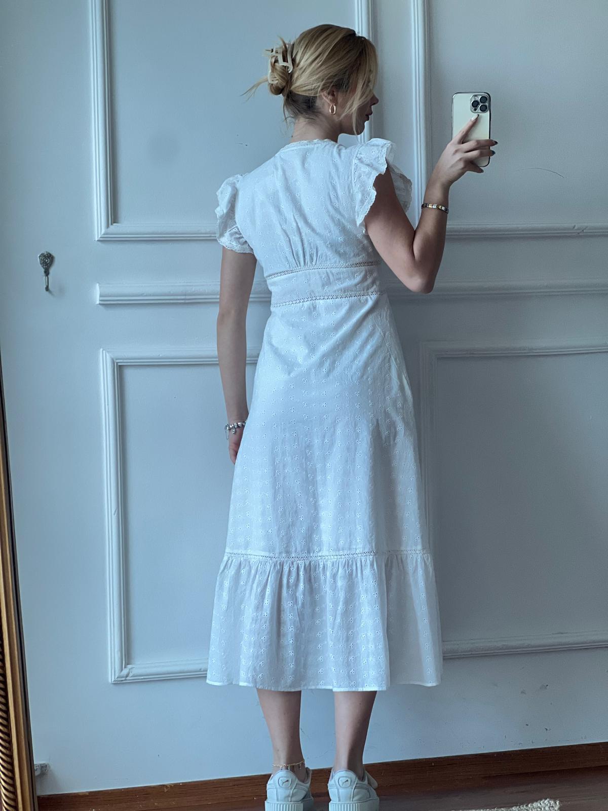 Kolları Fırfır Dantel Detay Elbise 24014 Ekru