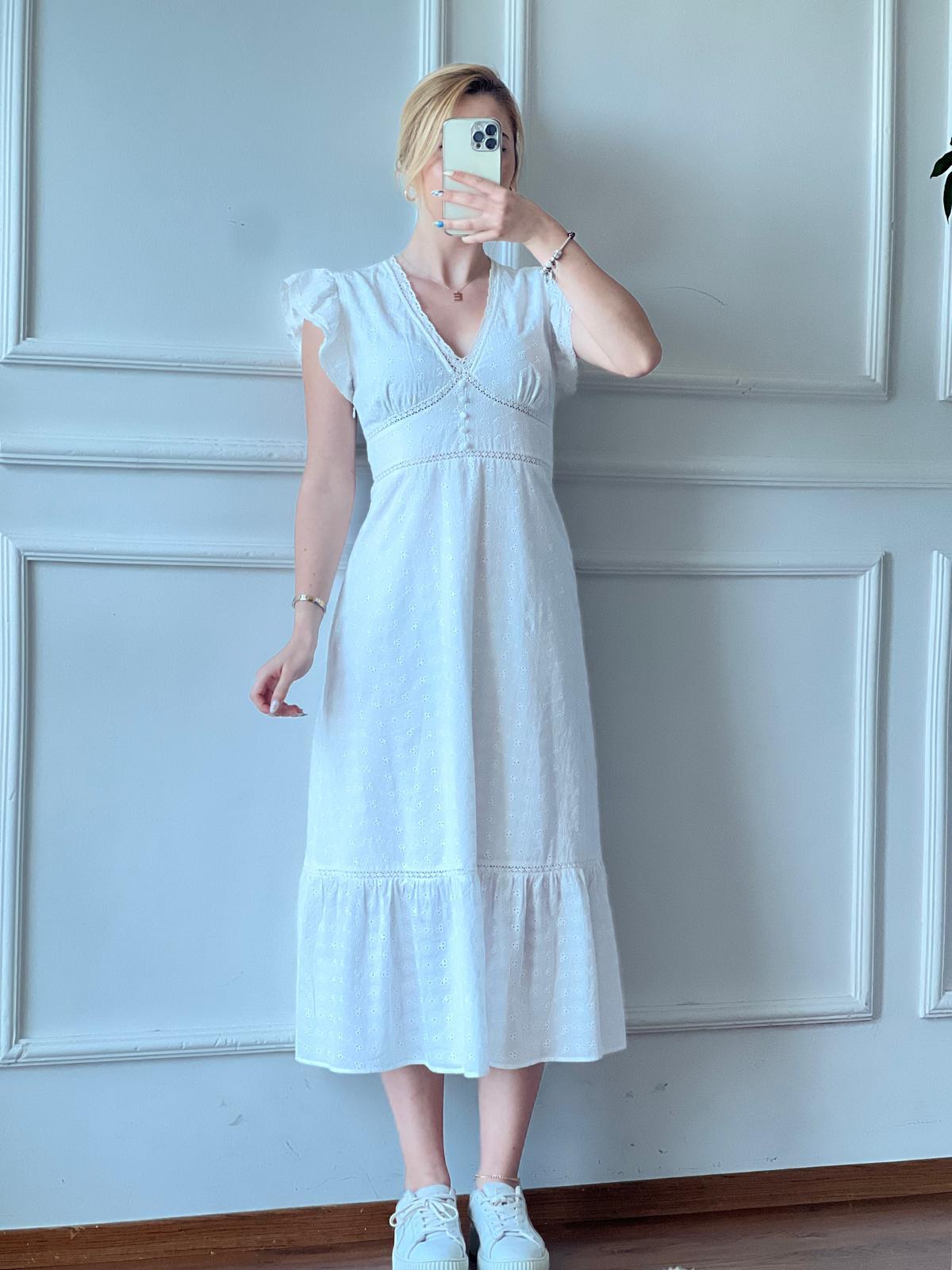 Kolları Fırfır Dantel Detay Elbise 24014 Ekru