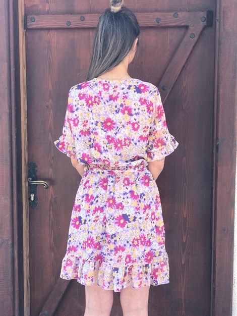 Kolları Fırfırlı Kruvaze Kısa Elbise 21282 Lila