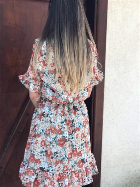 Kolları Fırfırlı Kruvaze Kısa Elbise 21282 Haki