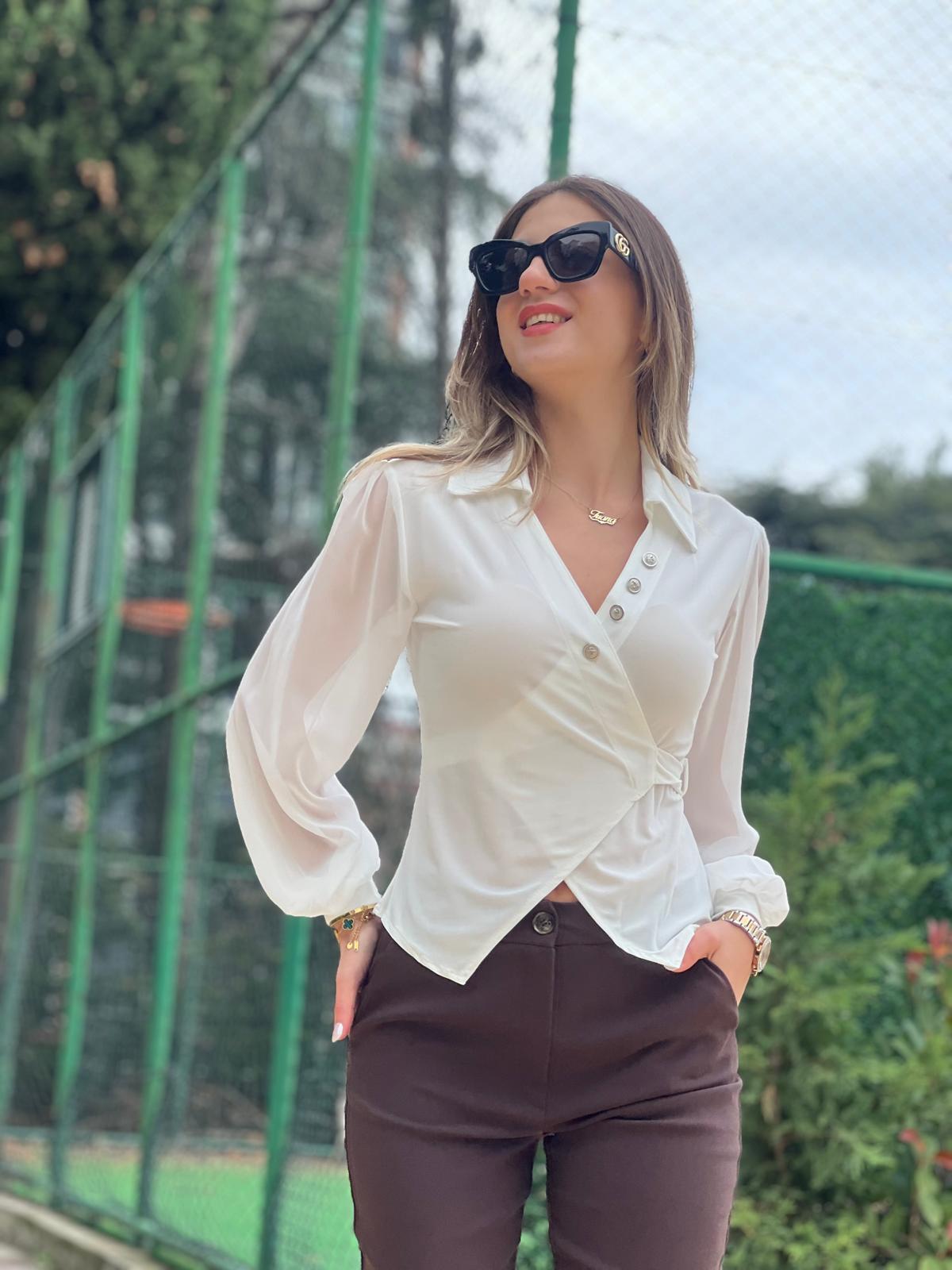 Kolları Tül Kruvaze Gömlek 2723 Ekru