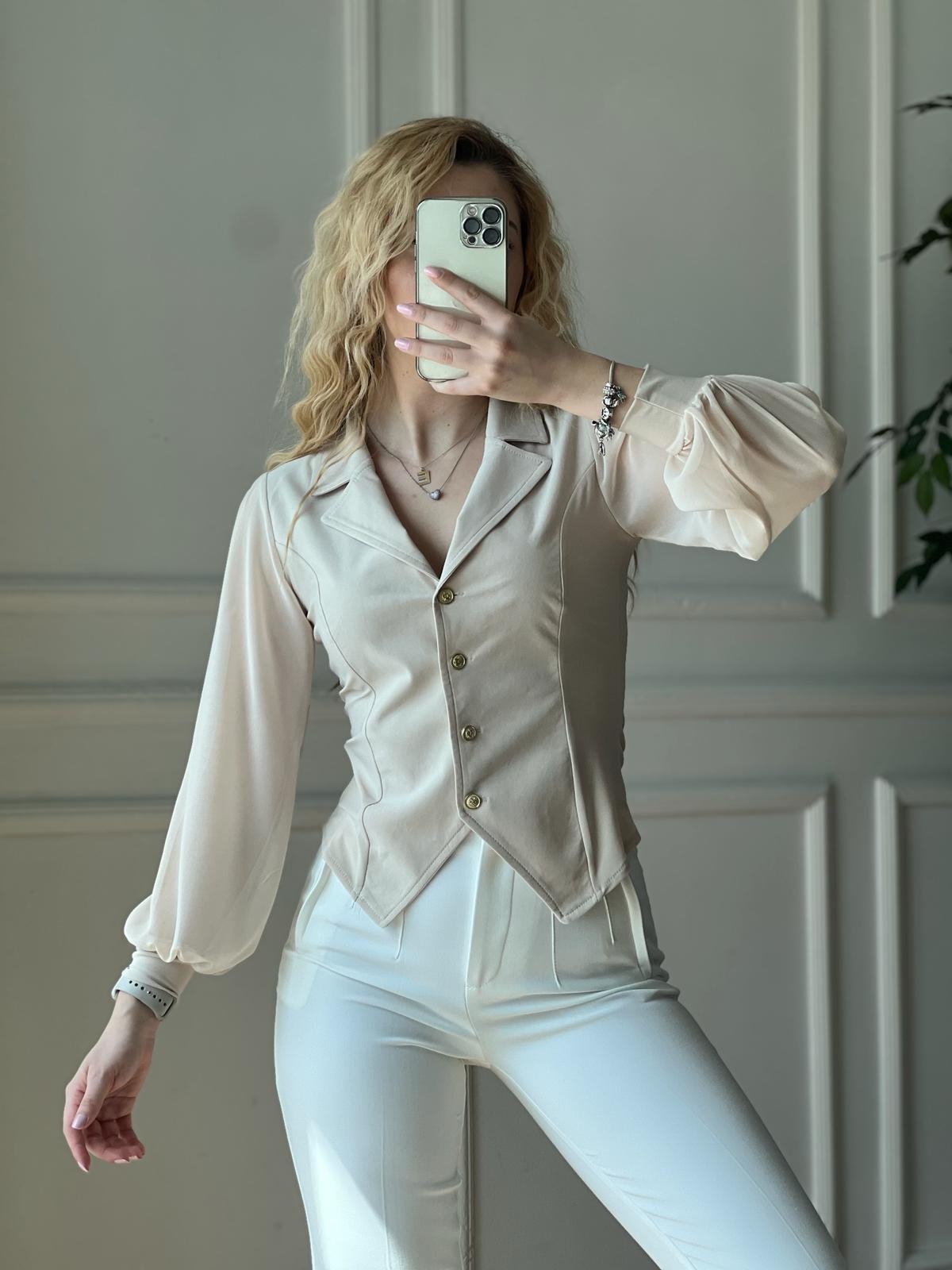 Kolları Tül Yakalı Gömlek 2643 Bej