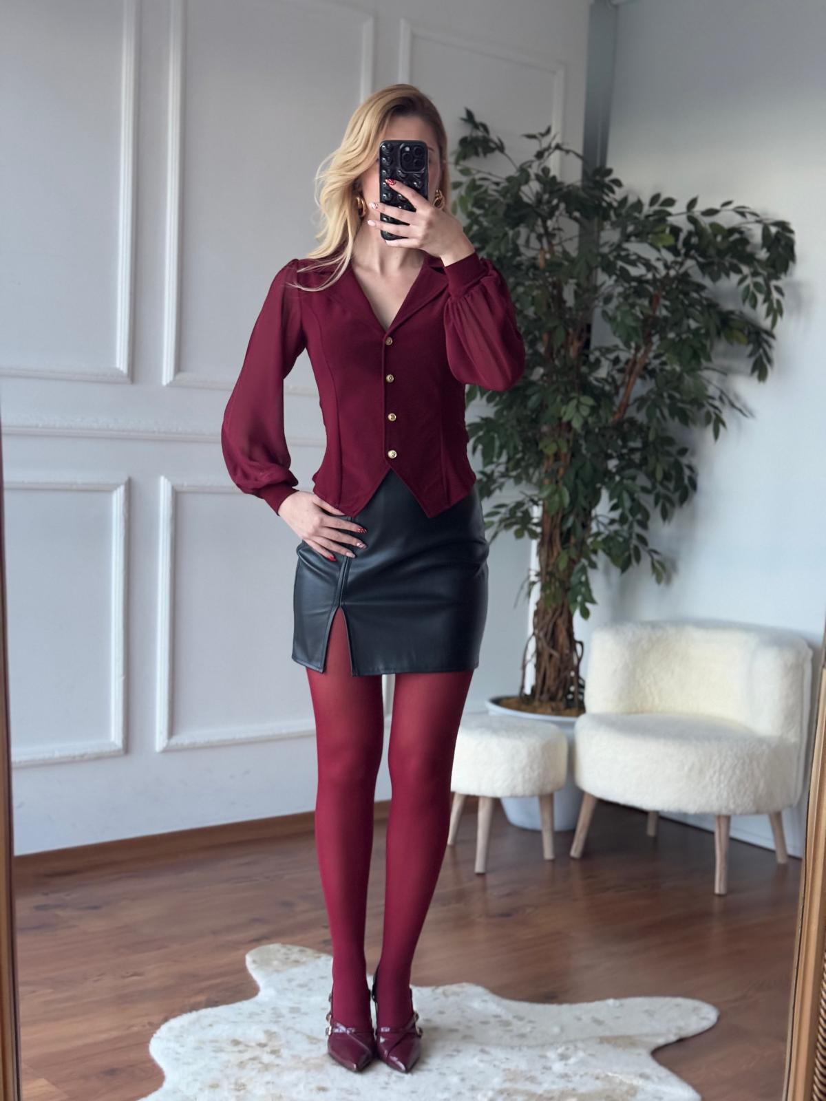 Kolları Tül Yakalı Gömlek 2643 Bordo