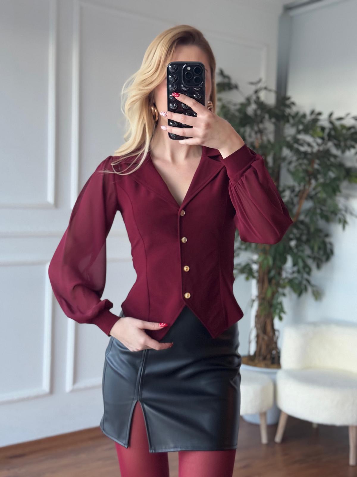 Kolları Tül Yakalı Gömlek 2643 Bordo