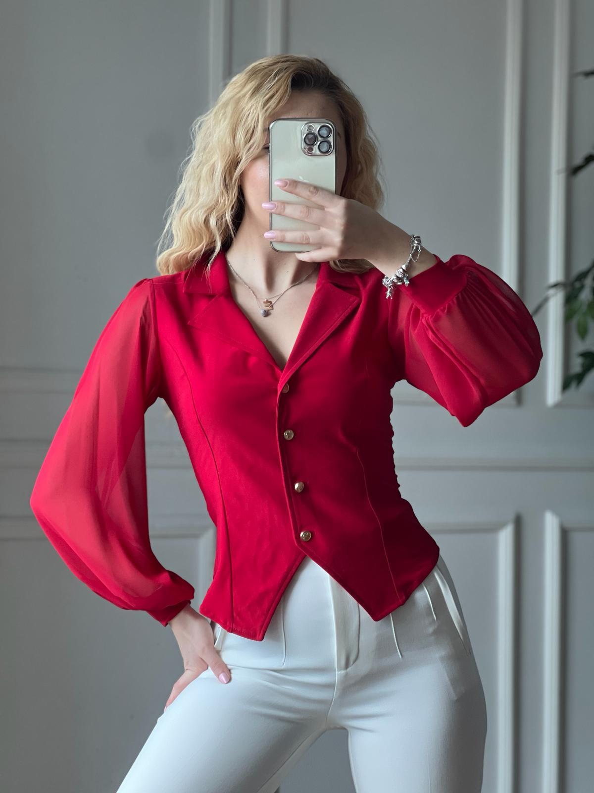 Kolları Tül Yakalı Gömlek 2643 Kırmızı