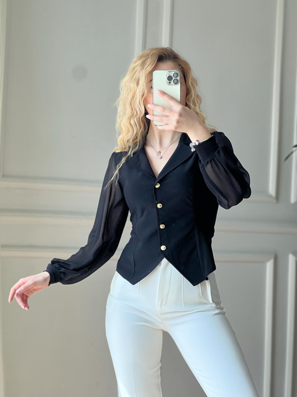 Kolları Tül Yakalı Gömlek 2643 Siyah