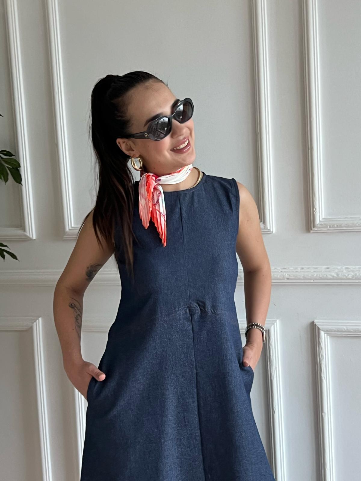 Kolsuz İnce Kot Elbise 29828 Mavi