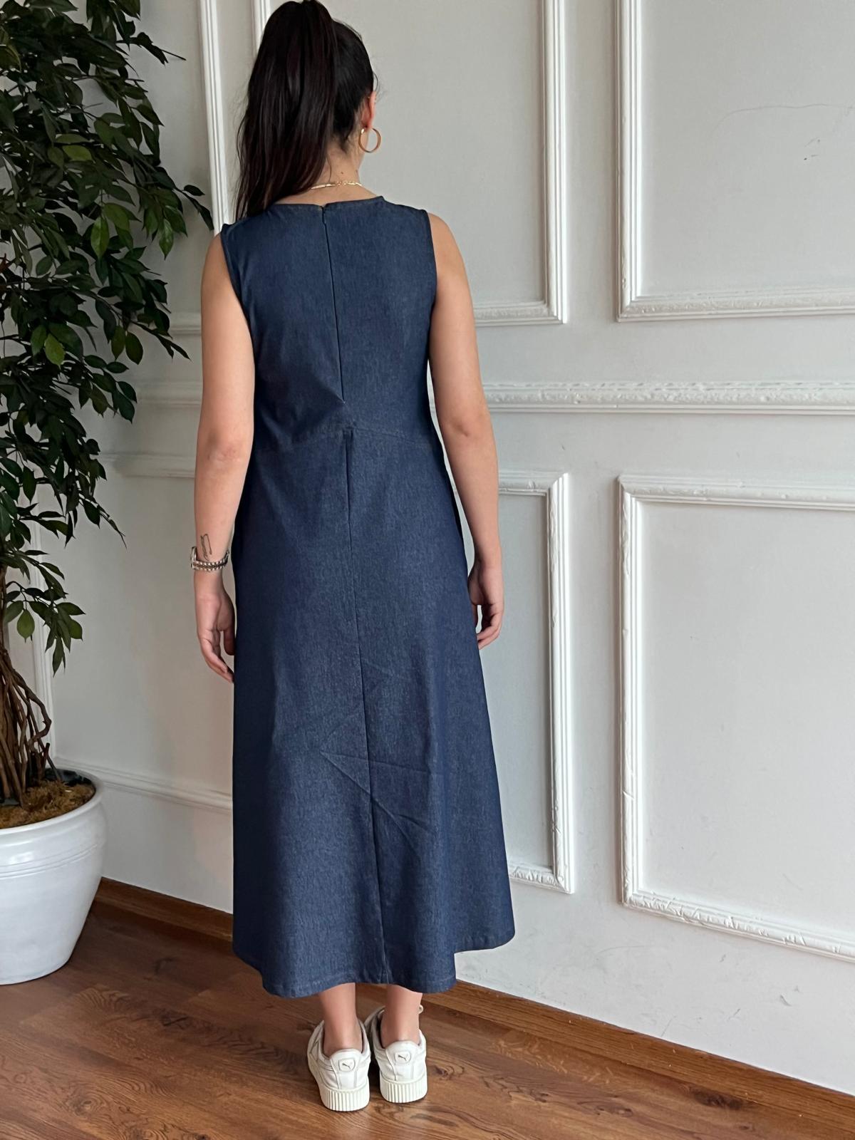 Kolsuz İnce Kot Elbise 29828 Mavi