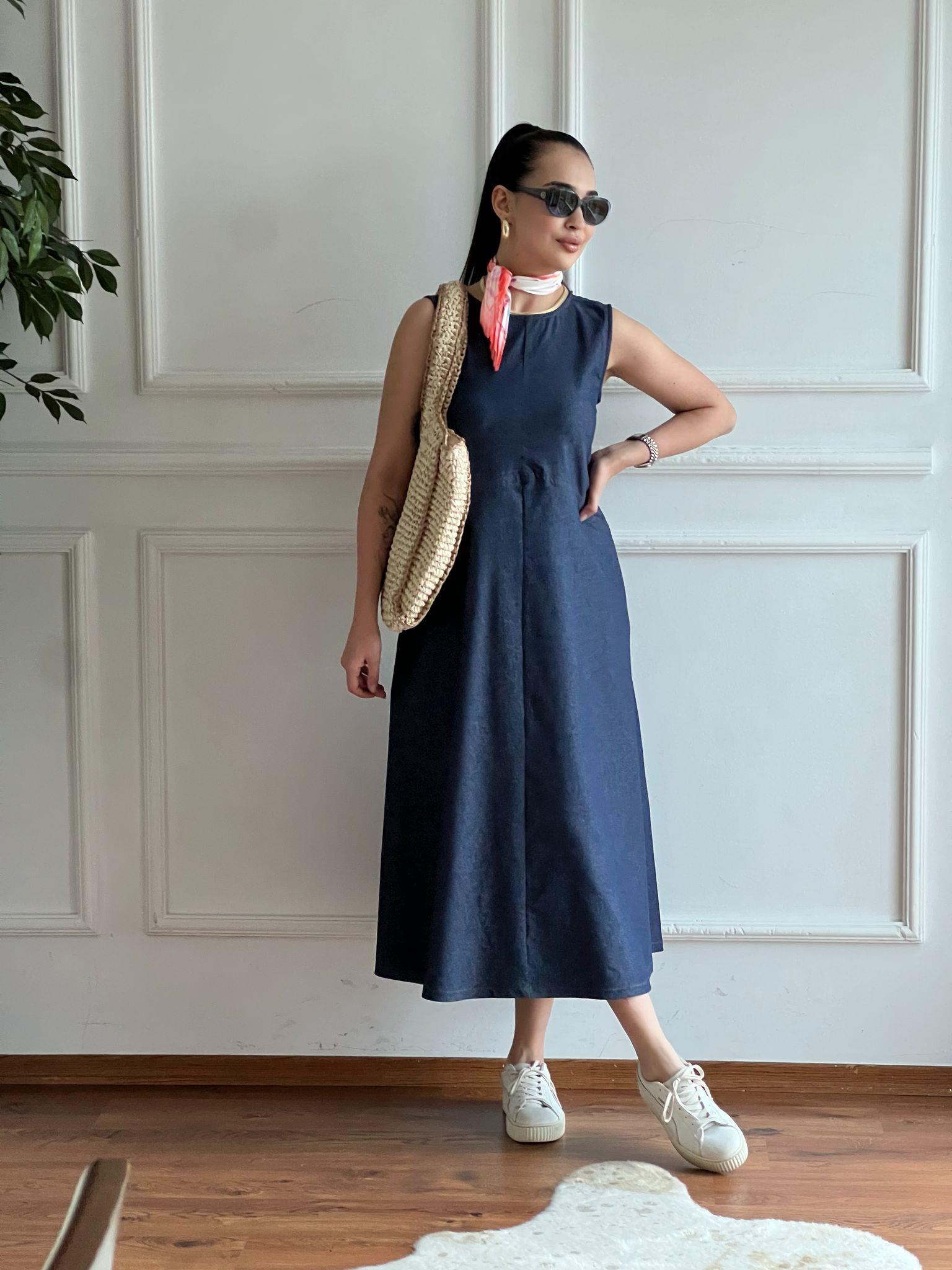 Kolsuz İnce Kot Elbise 29828 Mavi