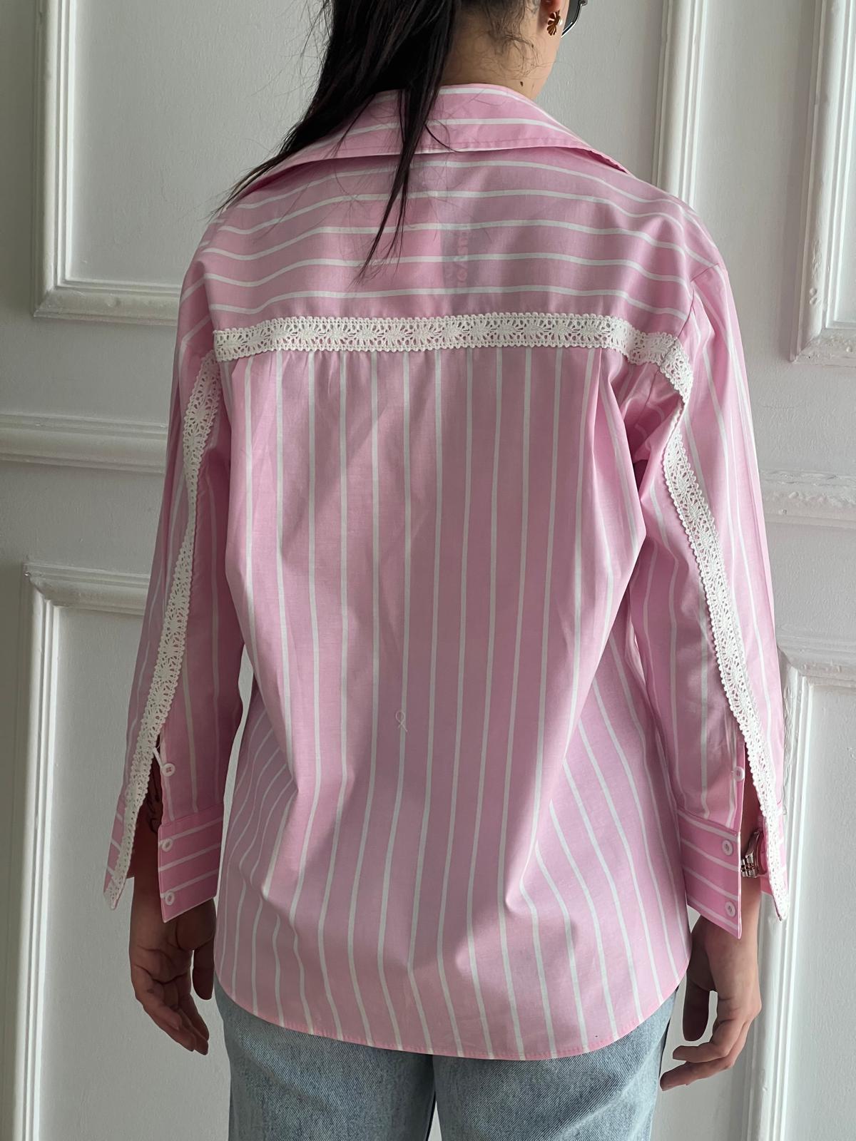 Kolu Dantelli Çizgili Gömlek 16613 Pembe