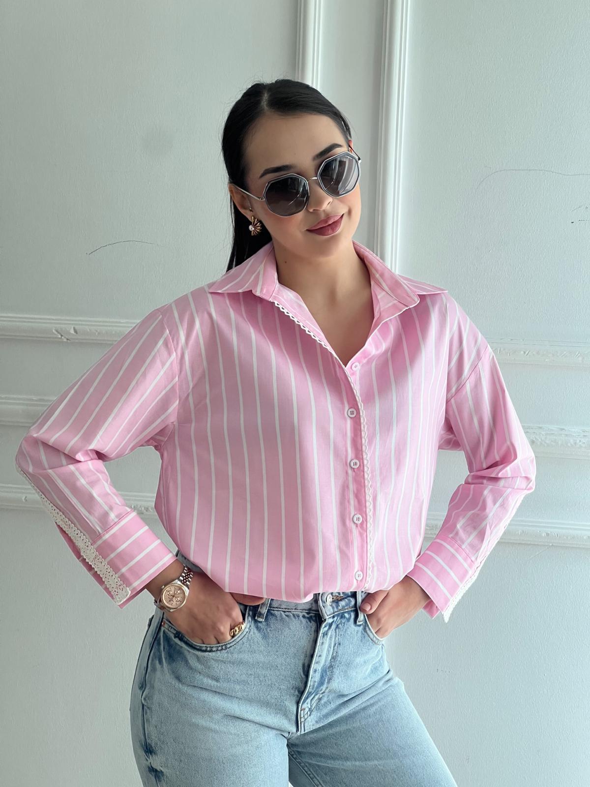 Kolu Dantelli Çizgili Gömlek 16613 Pembe
