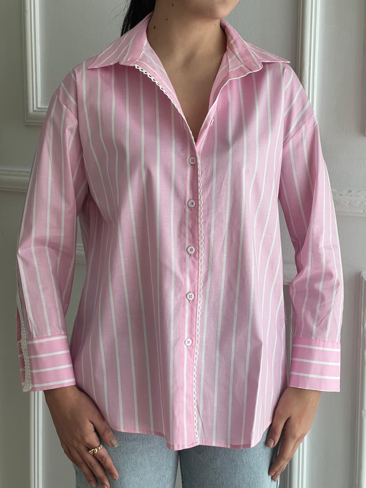 Kolu Dantelli Çizgili Gömlek 16613 Pembe