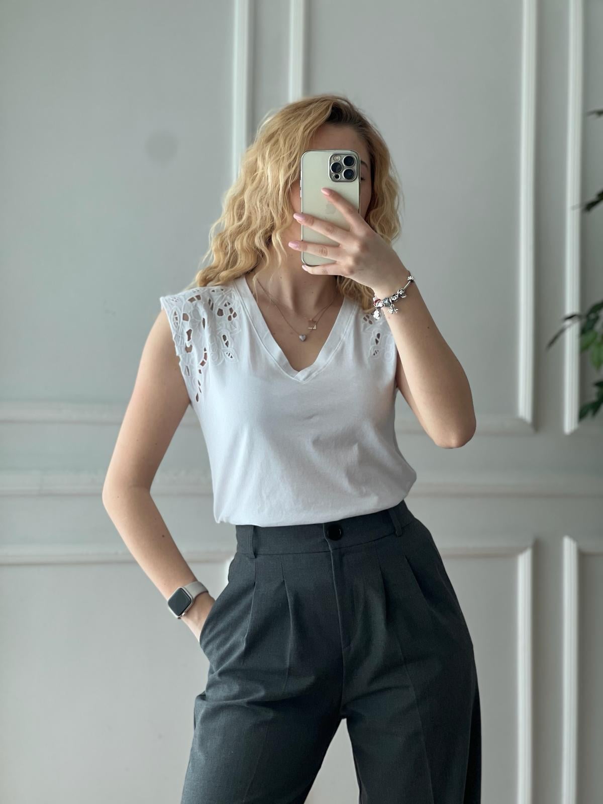 Kolu Nakışlı Tshirt 4709 Beyaz