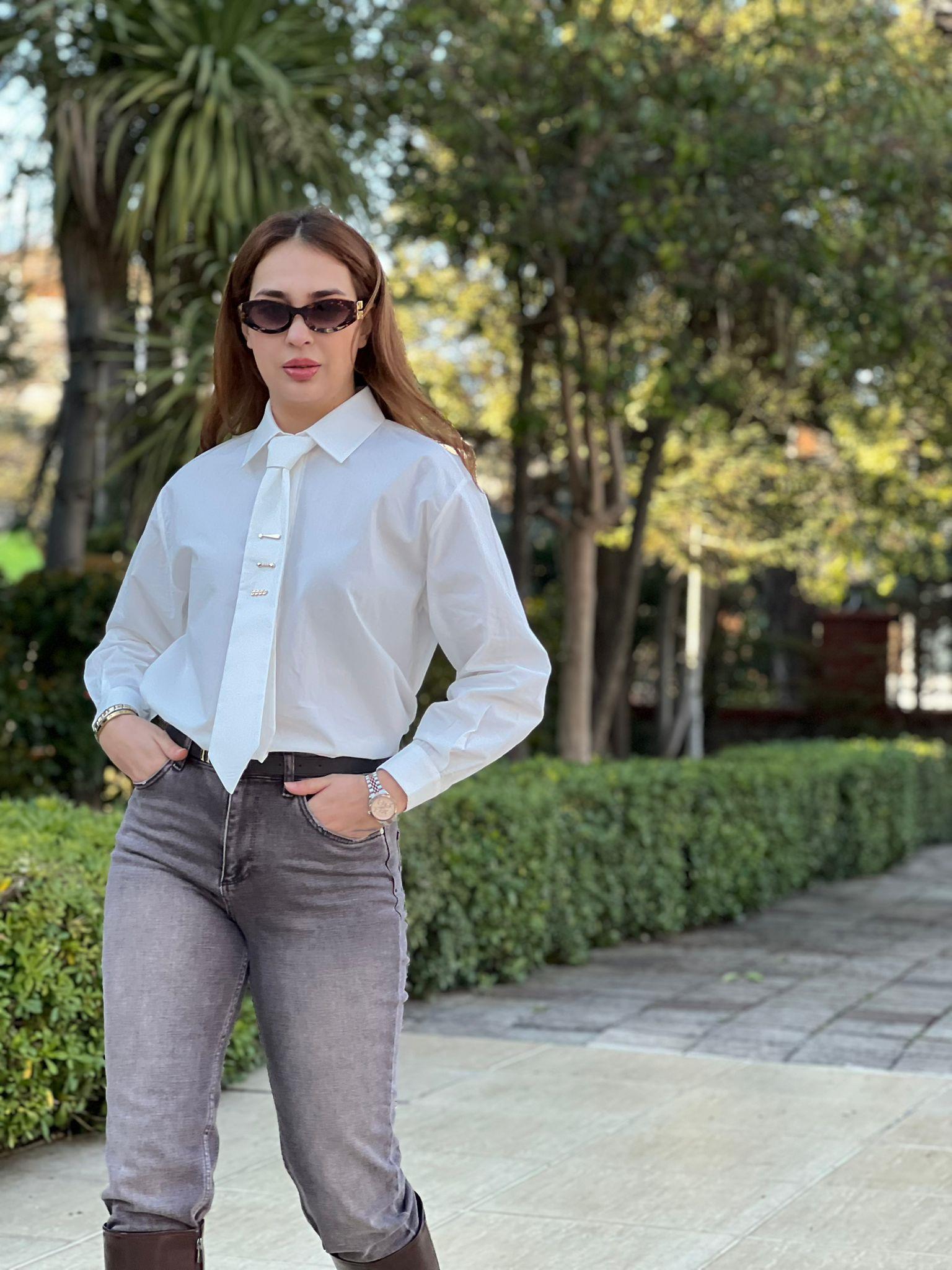Kravatlı Poplin Gömlek 26092 Ekru