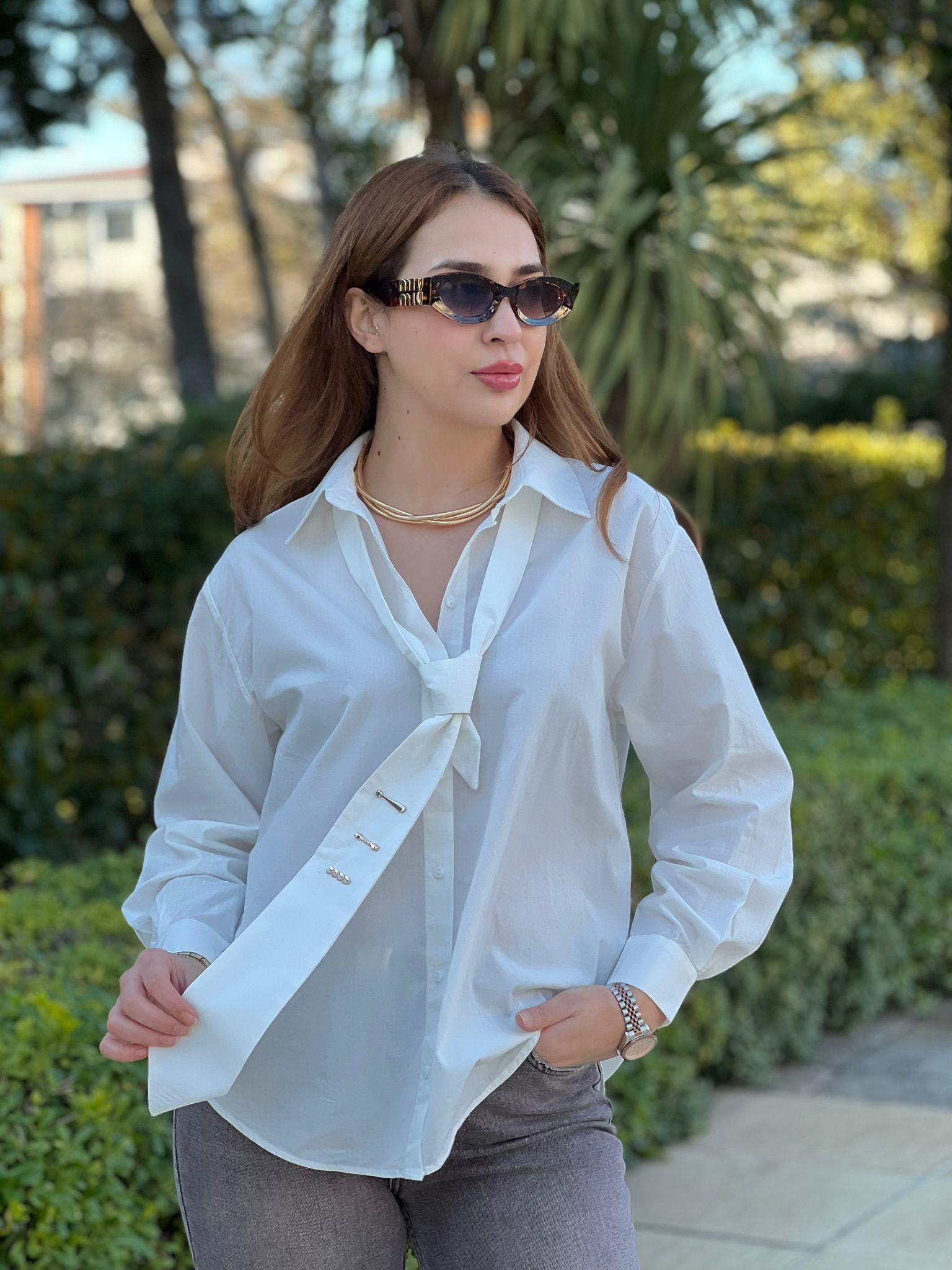 Kravatlı Poplin Gömlek 26092 Ekru