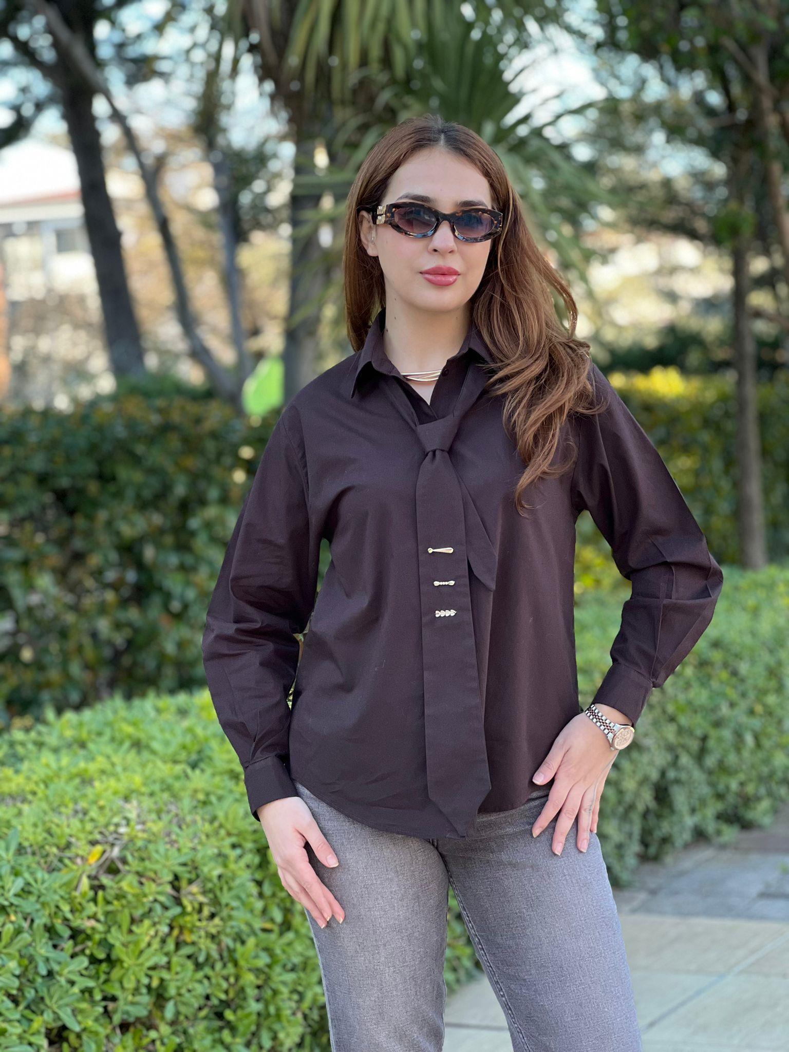 Kravatlı Poplin Gömlek 26092 Kahverengi