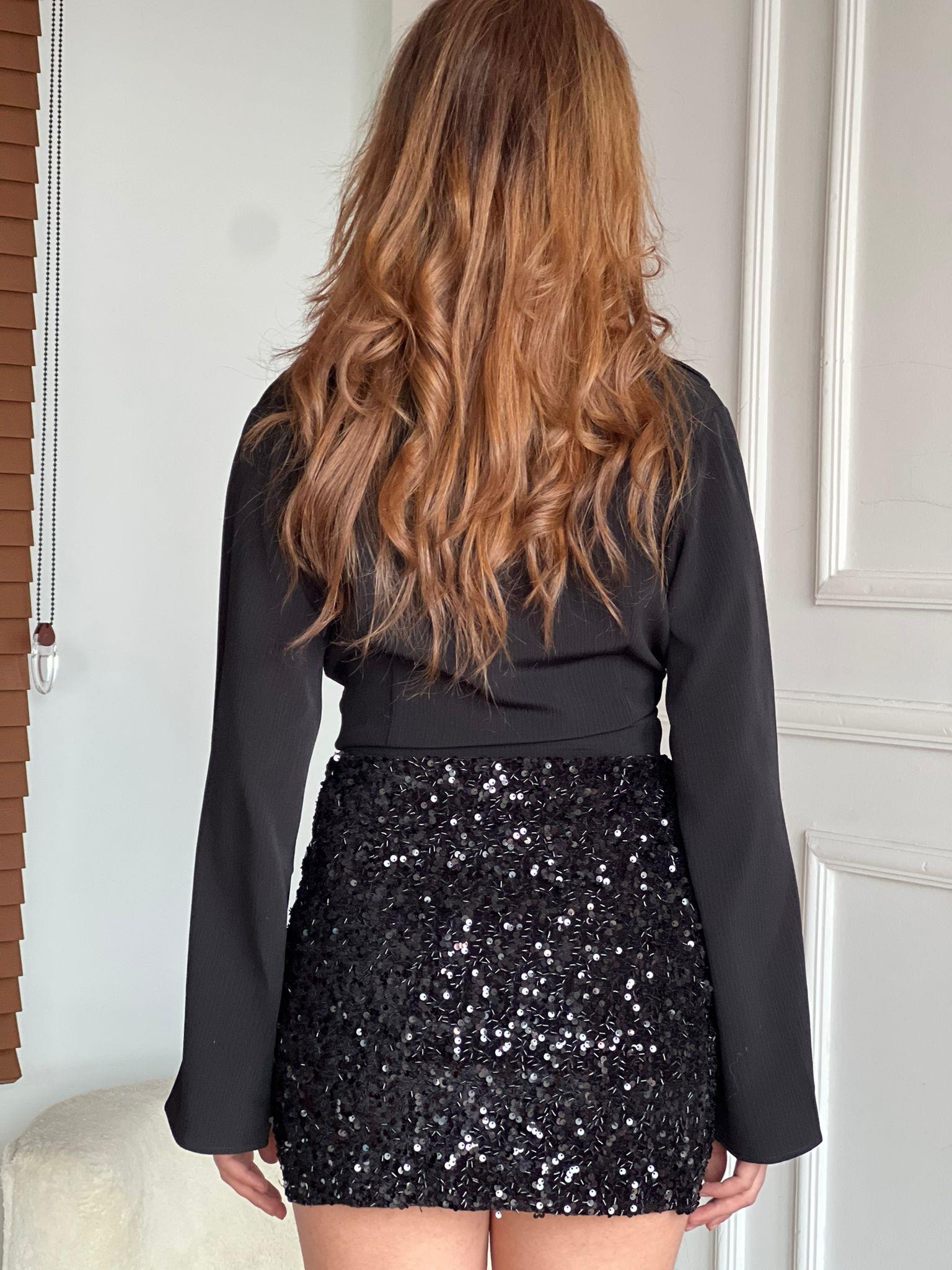 Kruvaze Kısa Bluz 00844 Siyah