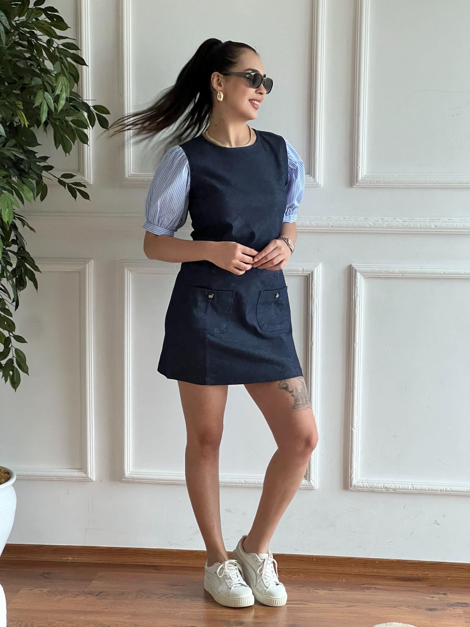 Kumaş Garnili Kot Elbise 29903 Mavi