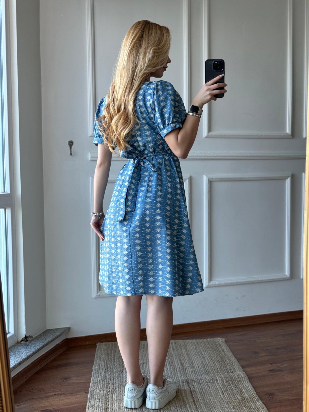 Kuşaklı Çiçek İşlemeli Elbise 28632 Açık Mavi