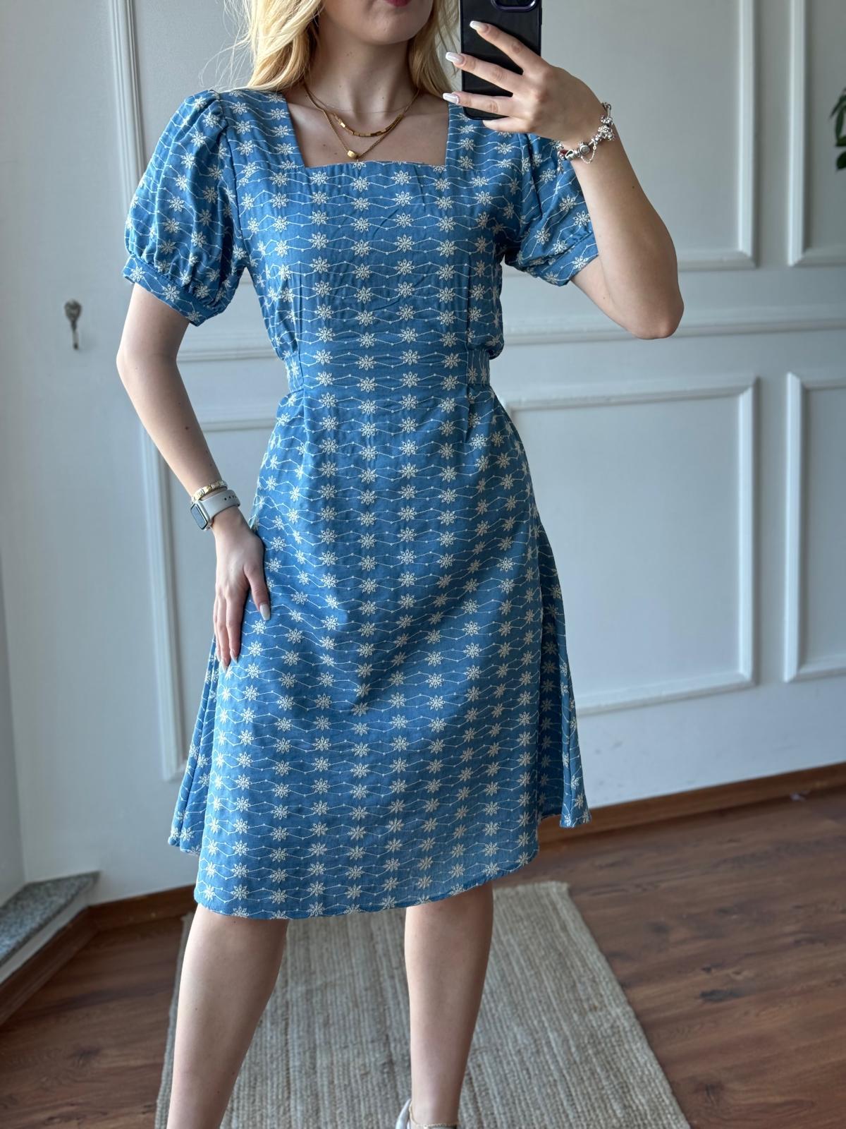 Kuşaklı Çiçek İşlemeli Elbise 28632 Açık Mavi