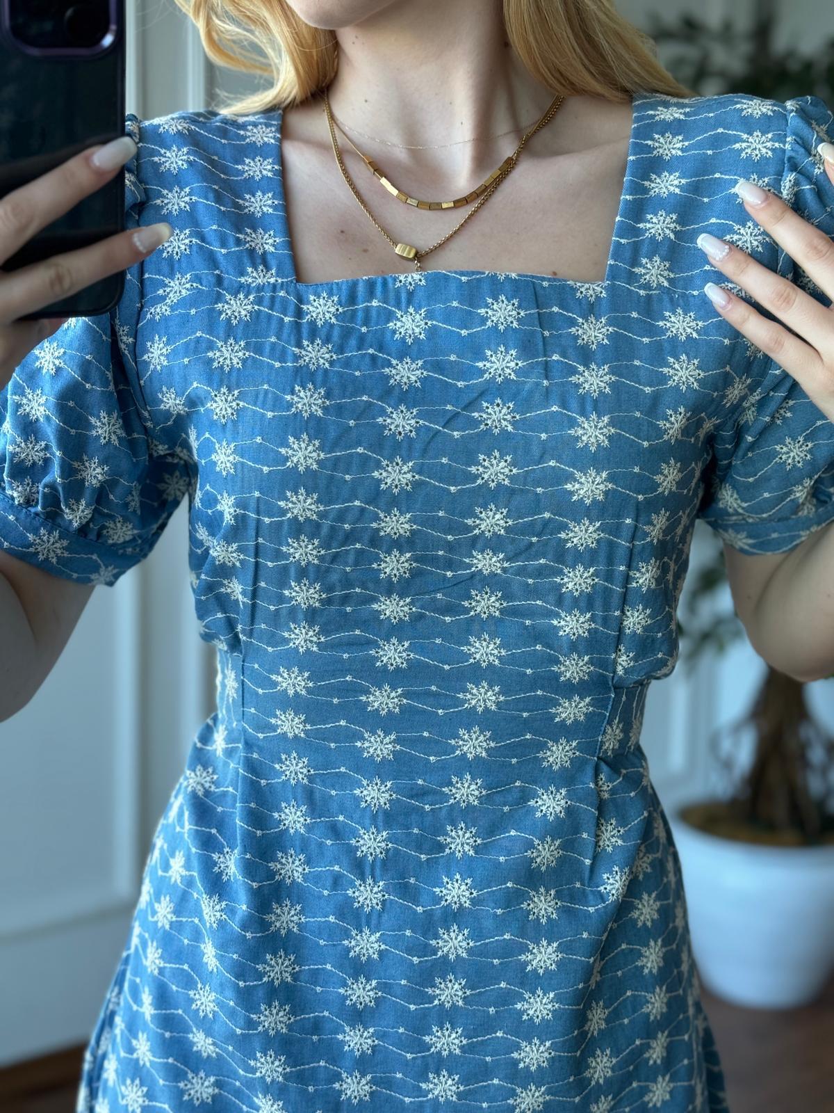 Kuşaklı Çiçek İşlemeli Elbise 28632 Açık Mavi