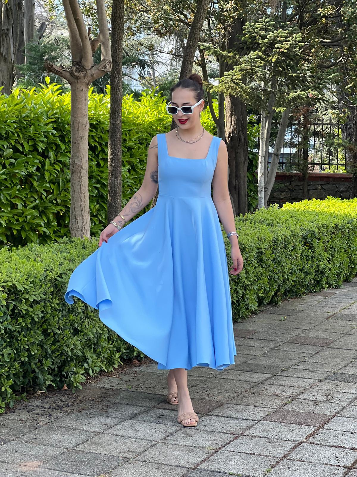 Kuşaklı Eteği Volanlı Elbise 5973 Bebe Mavisi