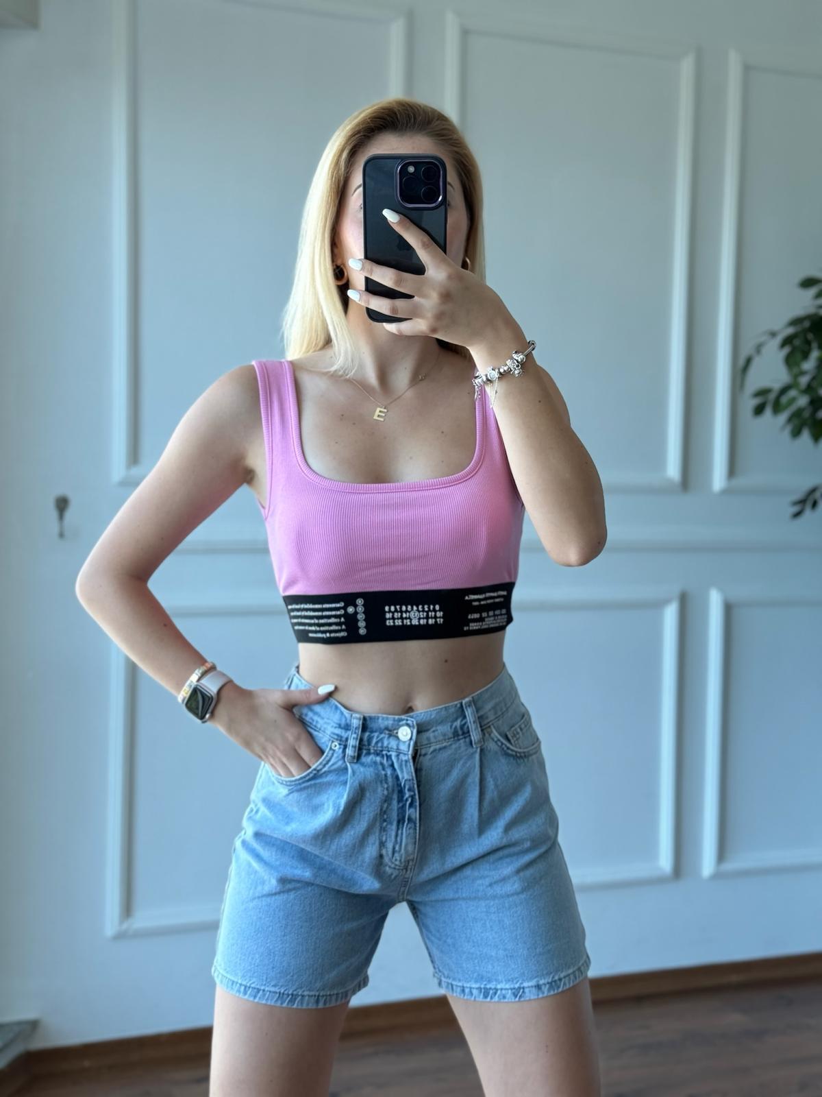 Lastik Detaylı Crop Top 60064 Pembe