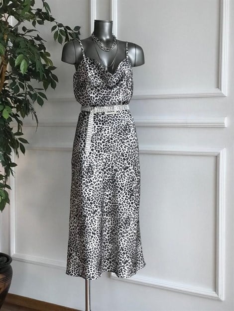 Leopar Desen Askılı Saten Elbise 23263 Ekru