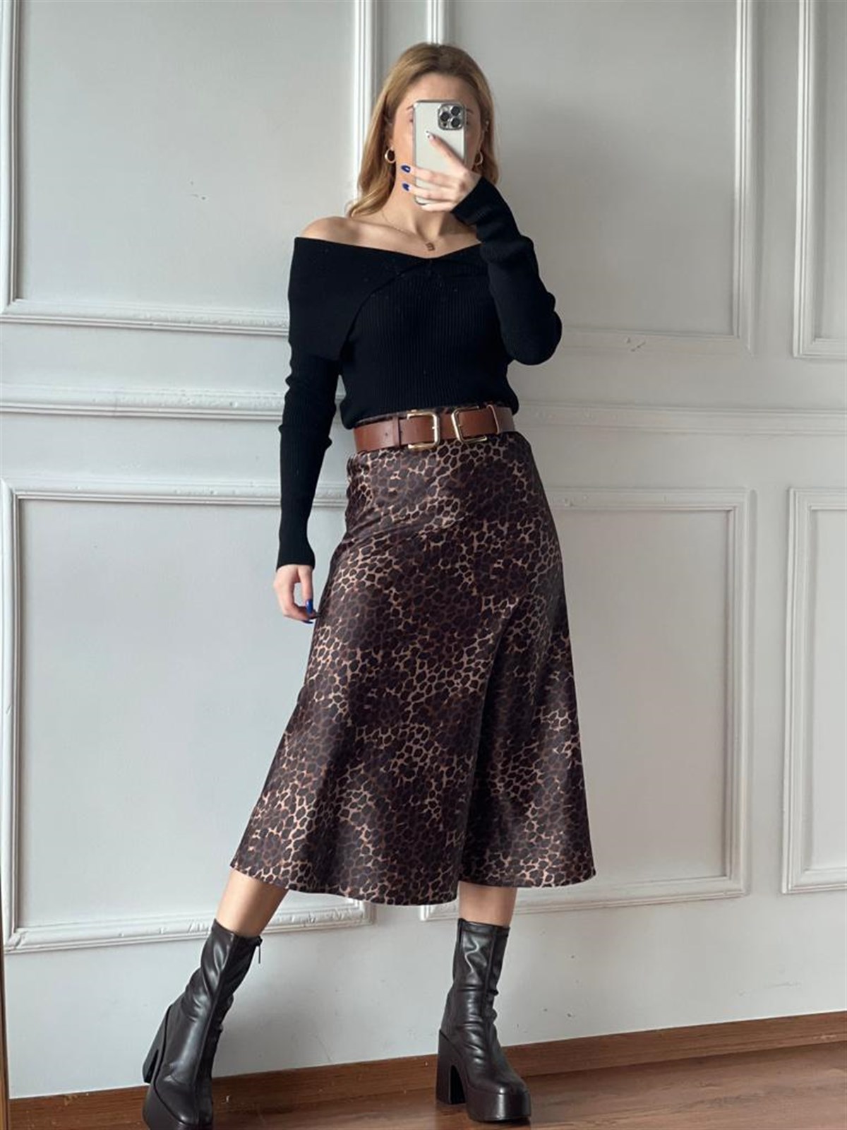 Leopar Desen Floş Saten Etek 10030 Camel