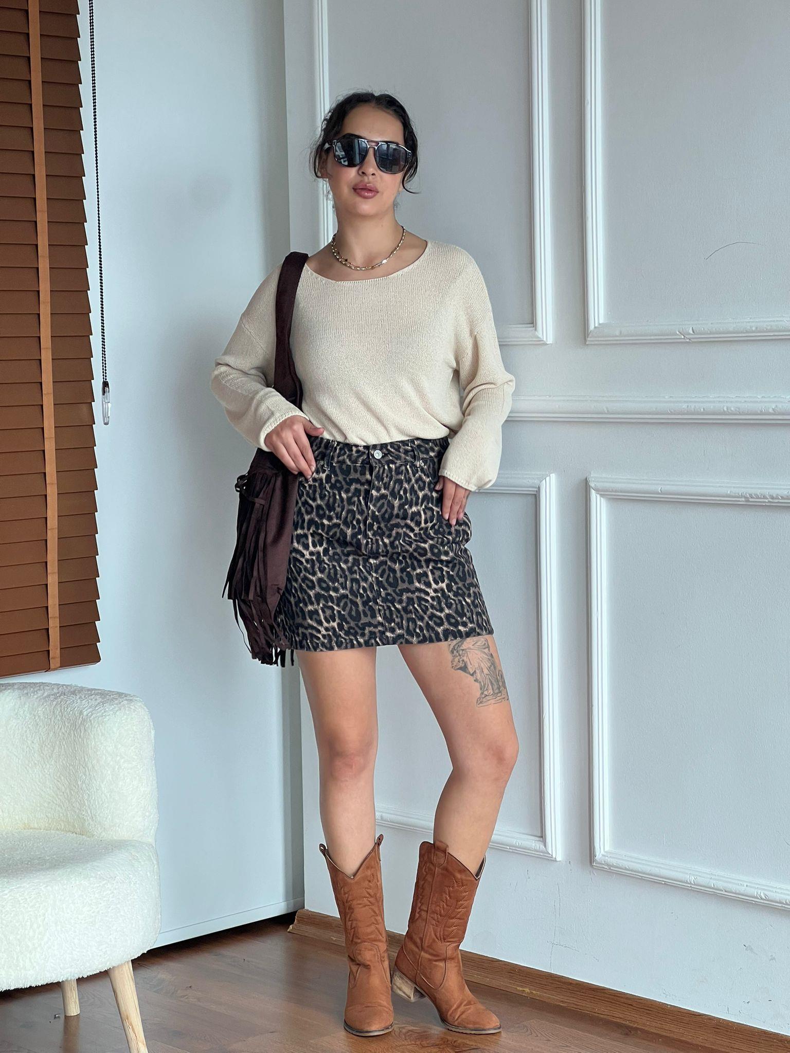 Leopar Desen Mini Etek 80591 Kahverengi