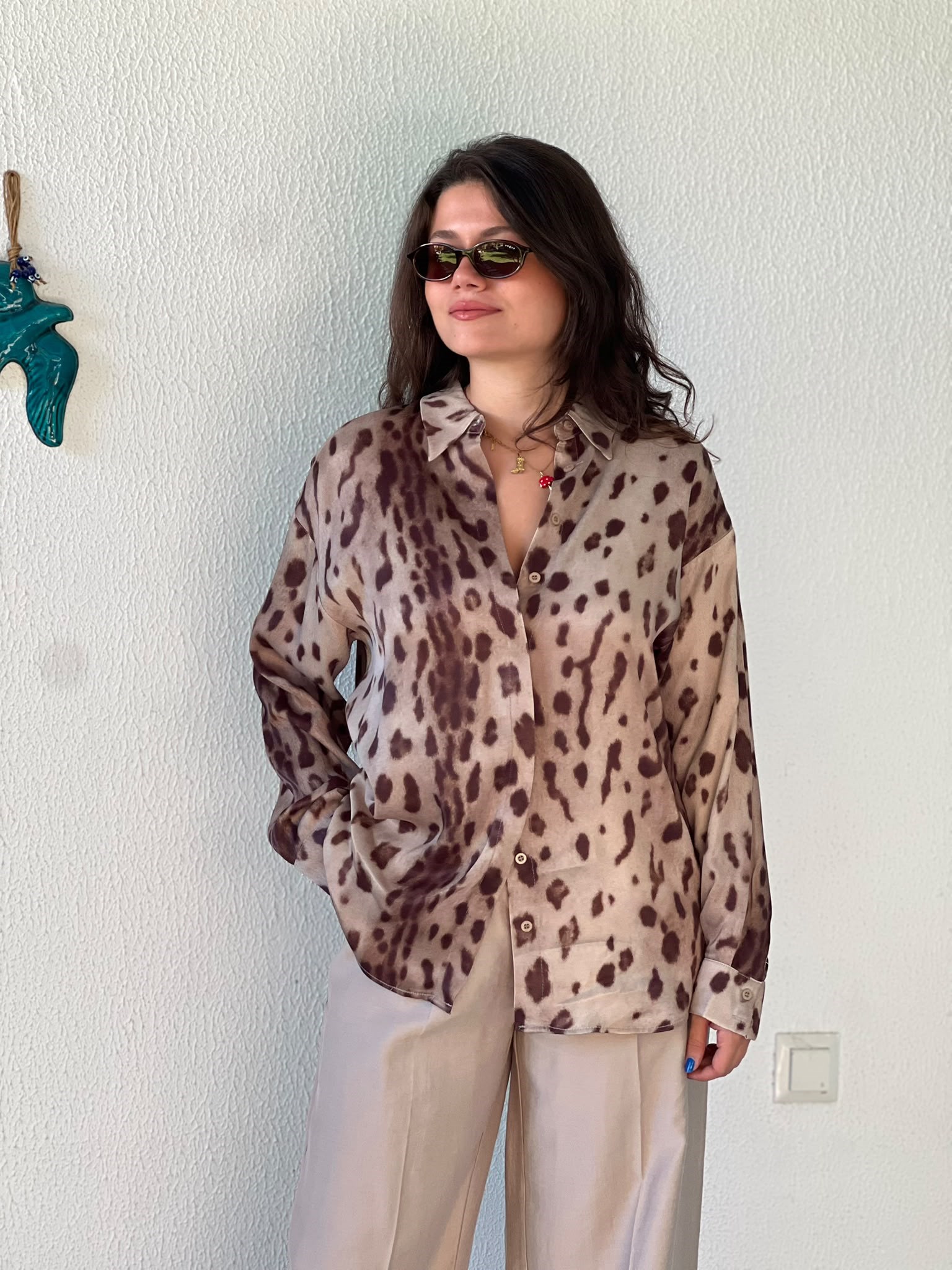 Leopar Desen Saten Gömlek 2619065 Bej