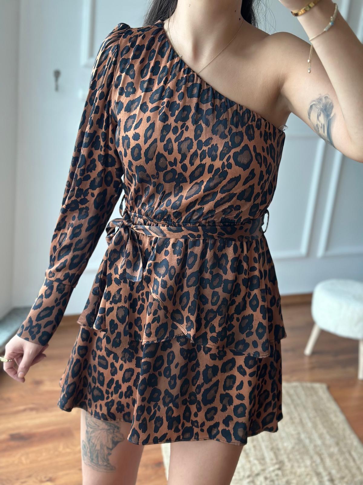 Leopar Desen Tek Omuz Elbise 5387-1487 Koyu Kahve