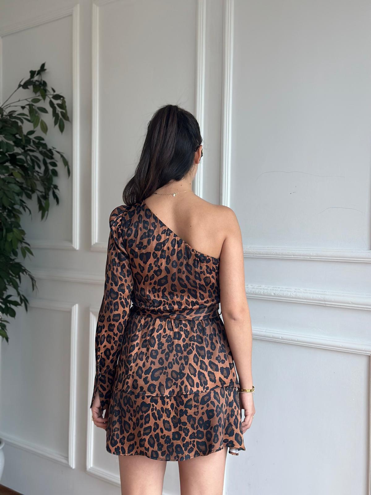 Leopar Desen Tek Omuz Elbise 5387-1487 Koyu Kahve