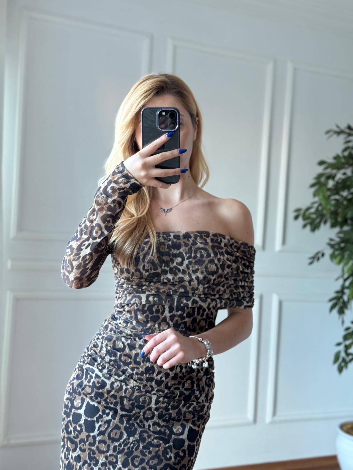 Leopar Desen Tek Omuz Şifon Elbise 1056-811 Camel