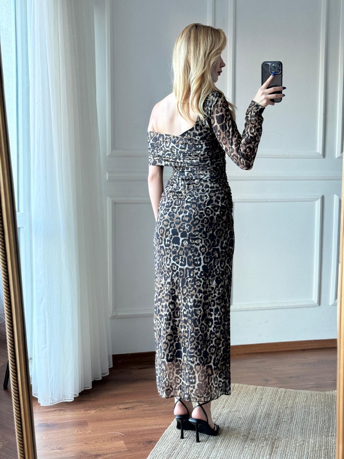 Leopar Desen Tek Omuz Şifon Elbise 1056-811 Camel