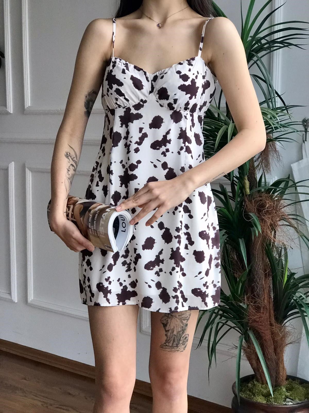 Leopar Desenli Elbise 6358 Ekru