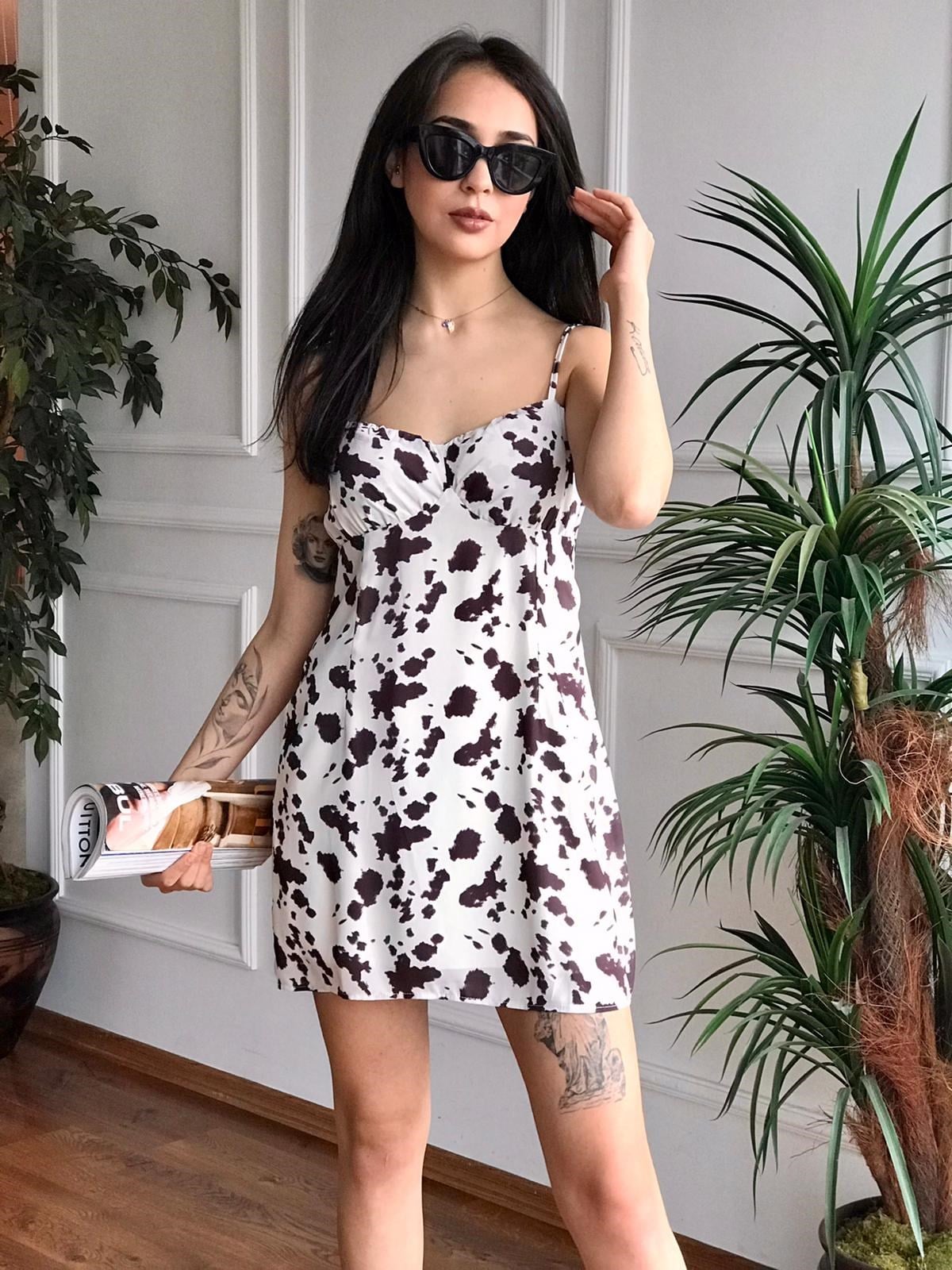 Leopar Desenli Elbise 6358 Ekru