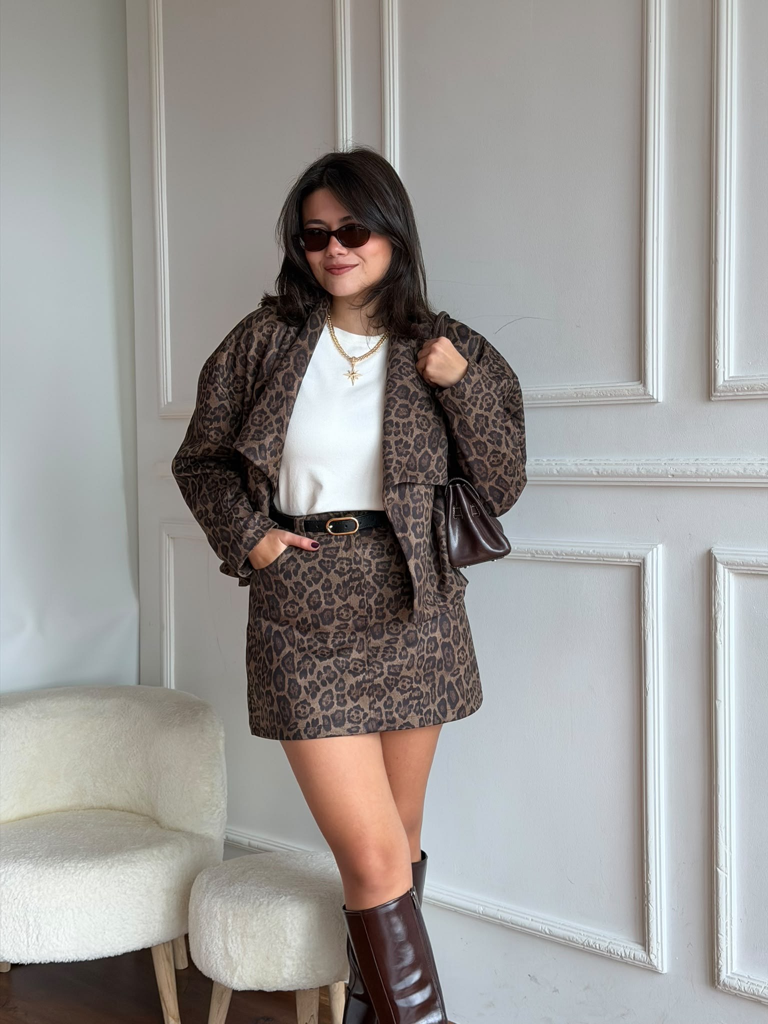 Leopar Desenli Kemerli Mini Etek 02539 Kahverengi