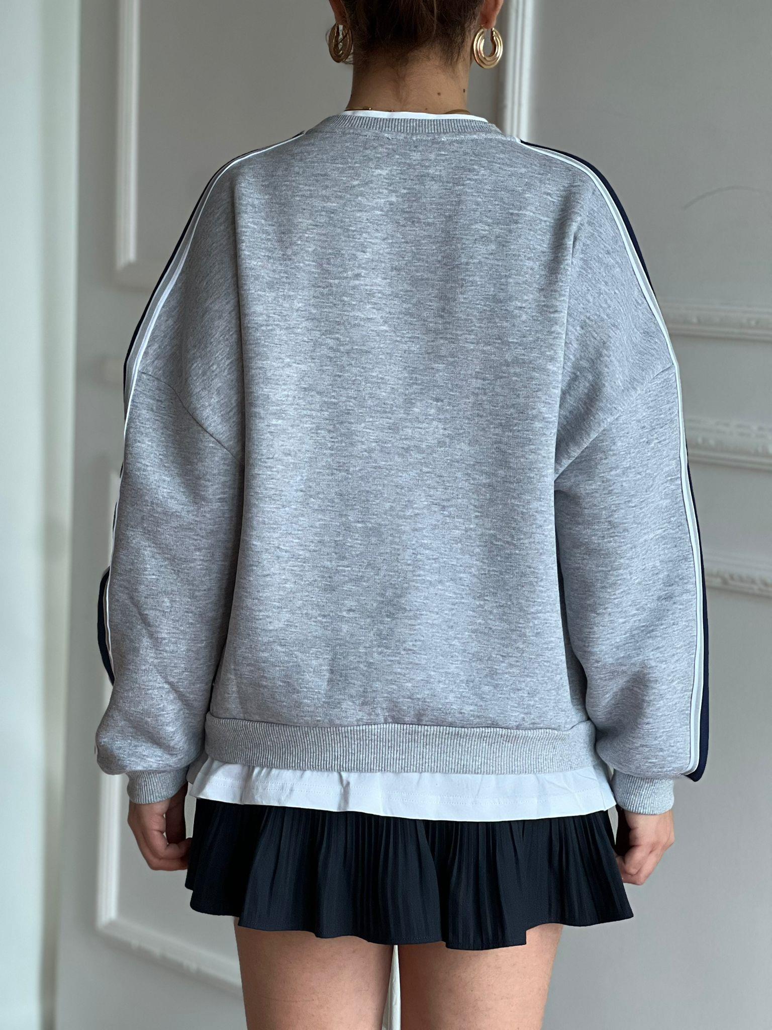 Leopar Kabartmalı Yanı Şeritli Sweatshirt 01335 Gri