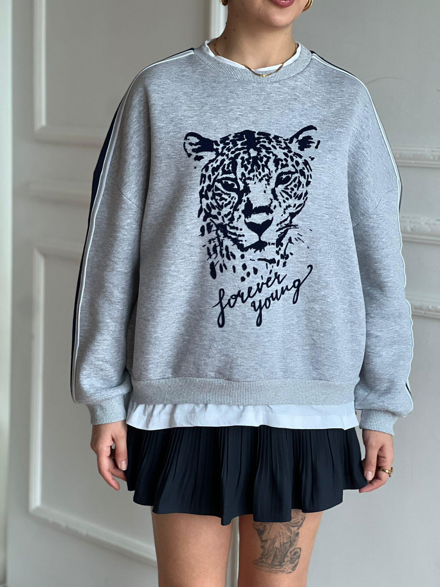 Leopar Kabartmalı Yanı Şeritli Sweatshirt 01335 Gri